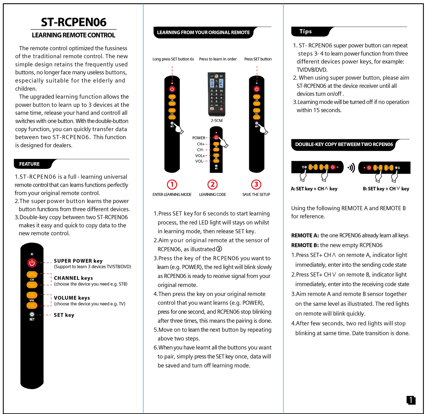 IR Learning Remote Control with Big Buttons, 6 Keys Universal Remote Control for TV STB DVD HiFi VCR