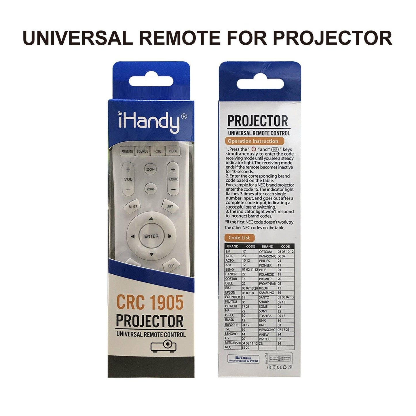 CRC1905 Universal Projector Remote Control, For Most Brands. NEC Sharo BENQ JVC, Epson Eiki Sony And More