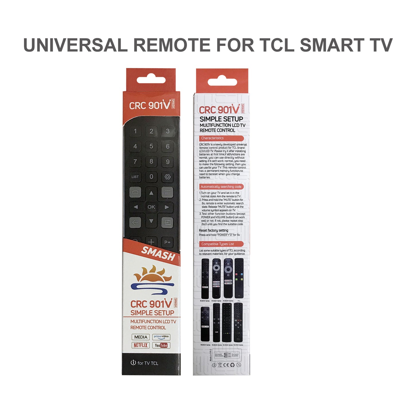CRC901V Universal Remote Control For TCL TV, RC/RM/TA/LE/CT Series, RC2000 RC3000 RC3100 and More
