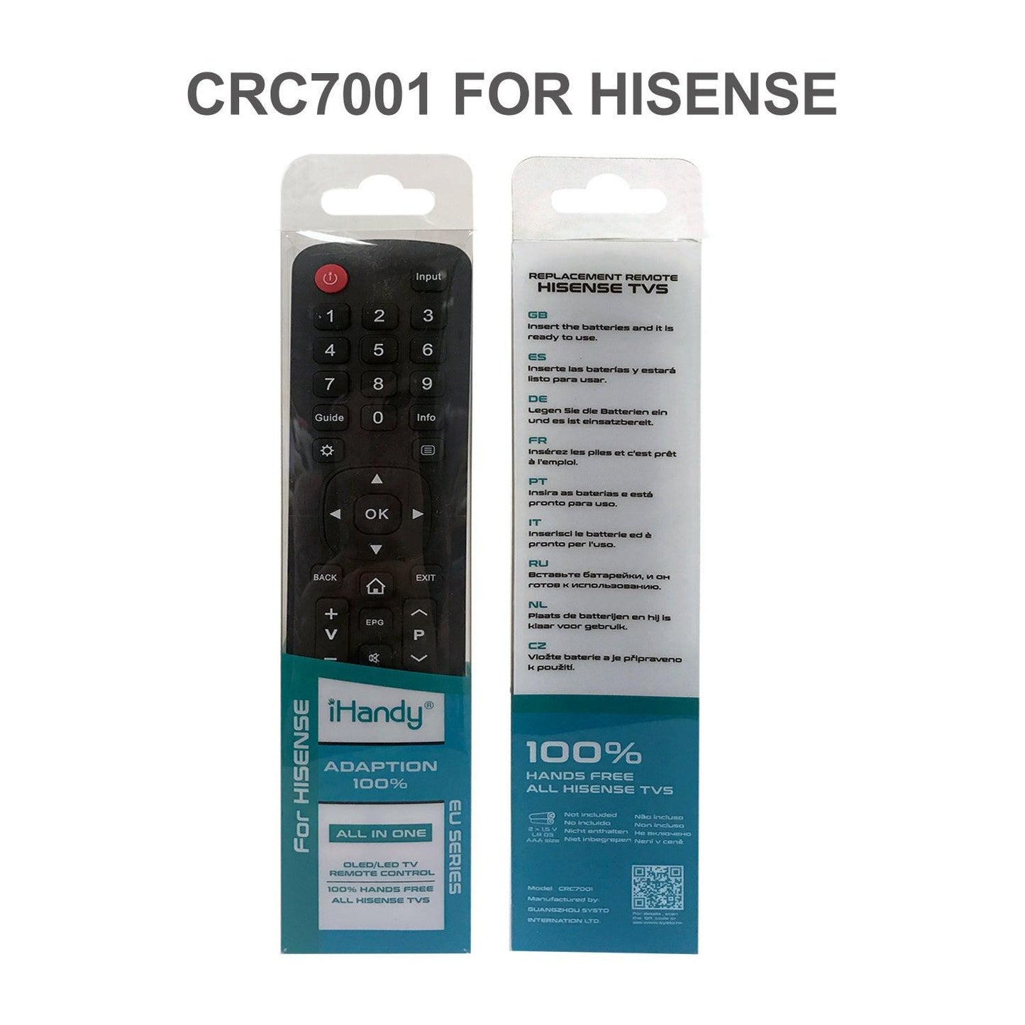 CRC7001 Universal TV Remote Control For Hisense LCD LED HDTV OLED TV