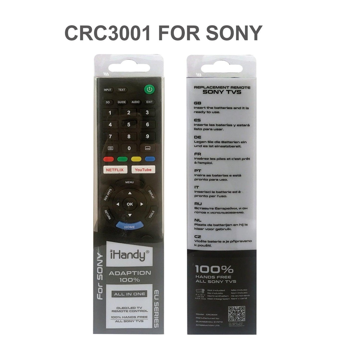 CRC3001 IHandy Universal TV Remote Control For Sony LCD LED HDTV 3D TV