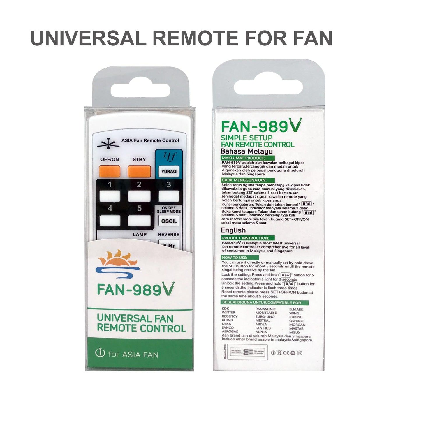 FAN-989V Ceiling Fan Universal Remote Control, For Midea, Panasonic, Elmark KDK and More