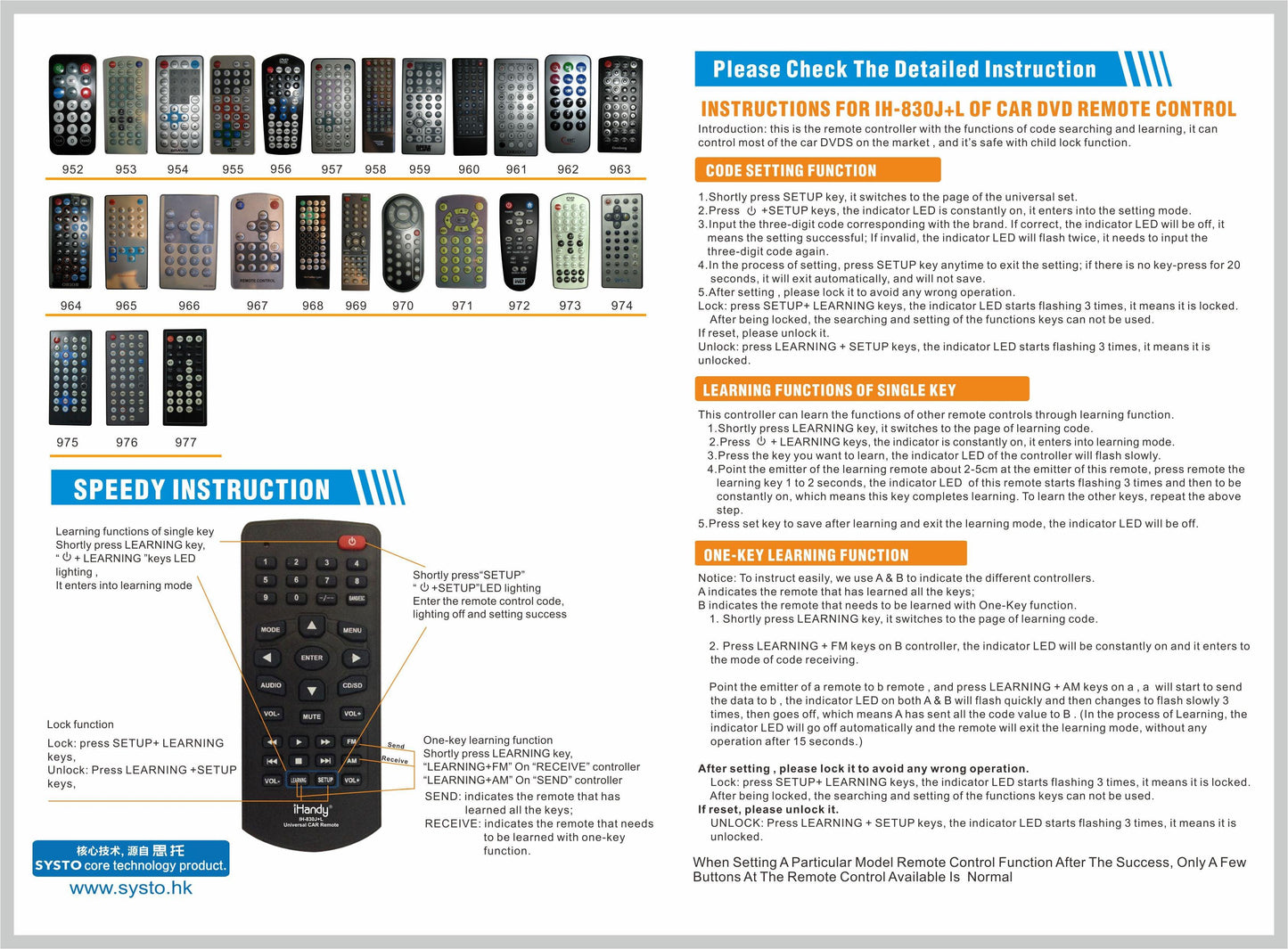 IH-RC-830J Remote Control For Media Player/ Vehicle CD & DVD Player, Works With Pionner JVC Sony Panasonic Toyota ALP, With IR Learning Function
