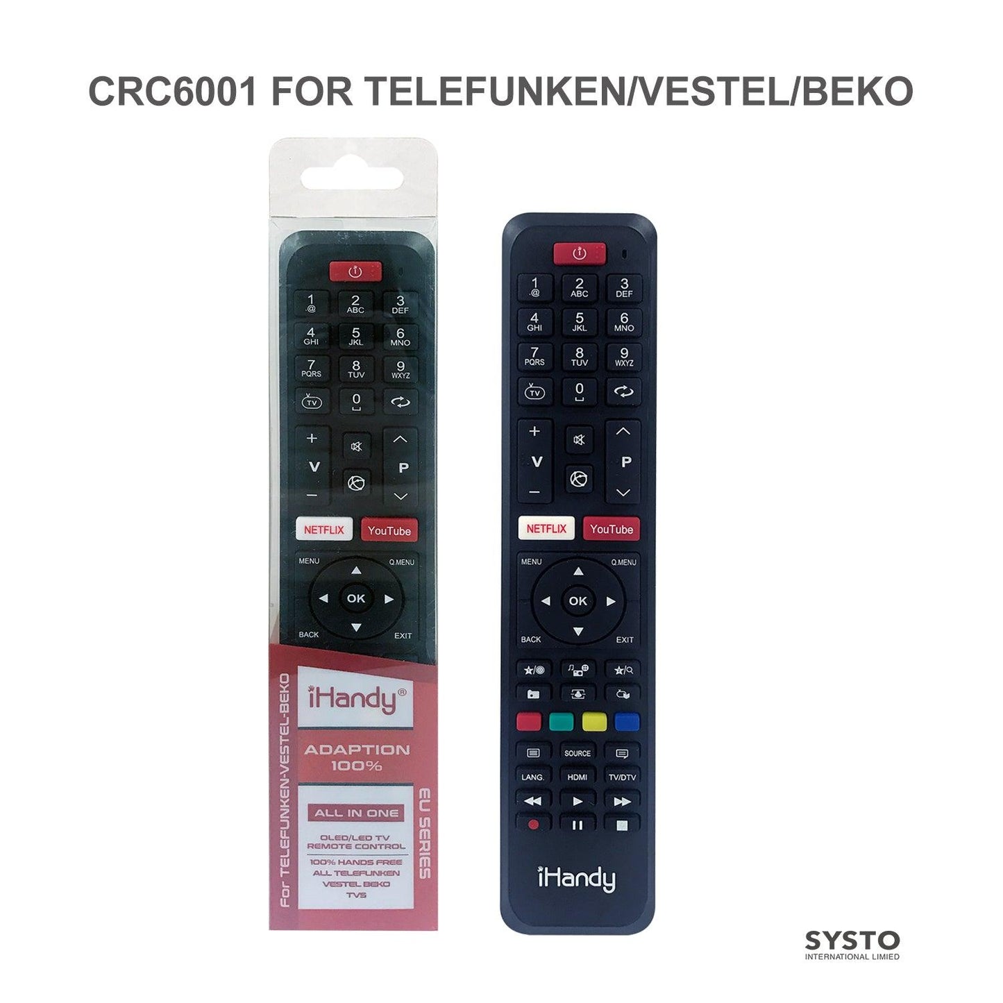 CRC6001 Universal TV Remote Control Works with Telefunken Vestel Beko LCD LED HDTV 3D TVs